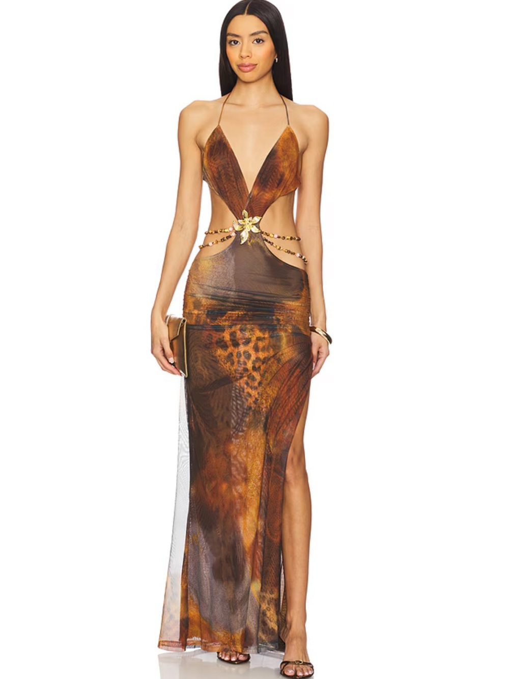 Jaded London Brown & Gold Animal-Print Cutout Maxi Dress - Worn Once